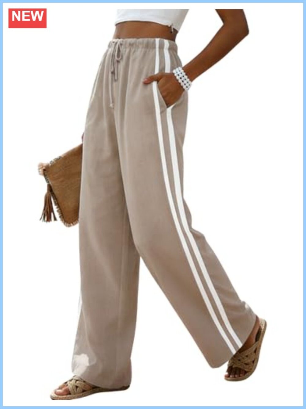 Womens Linen Palazzo Pants Wide Leg High Waist Striped Flowy Beach Trousers